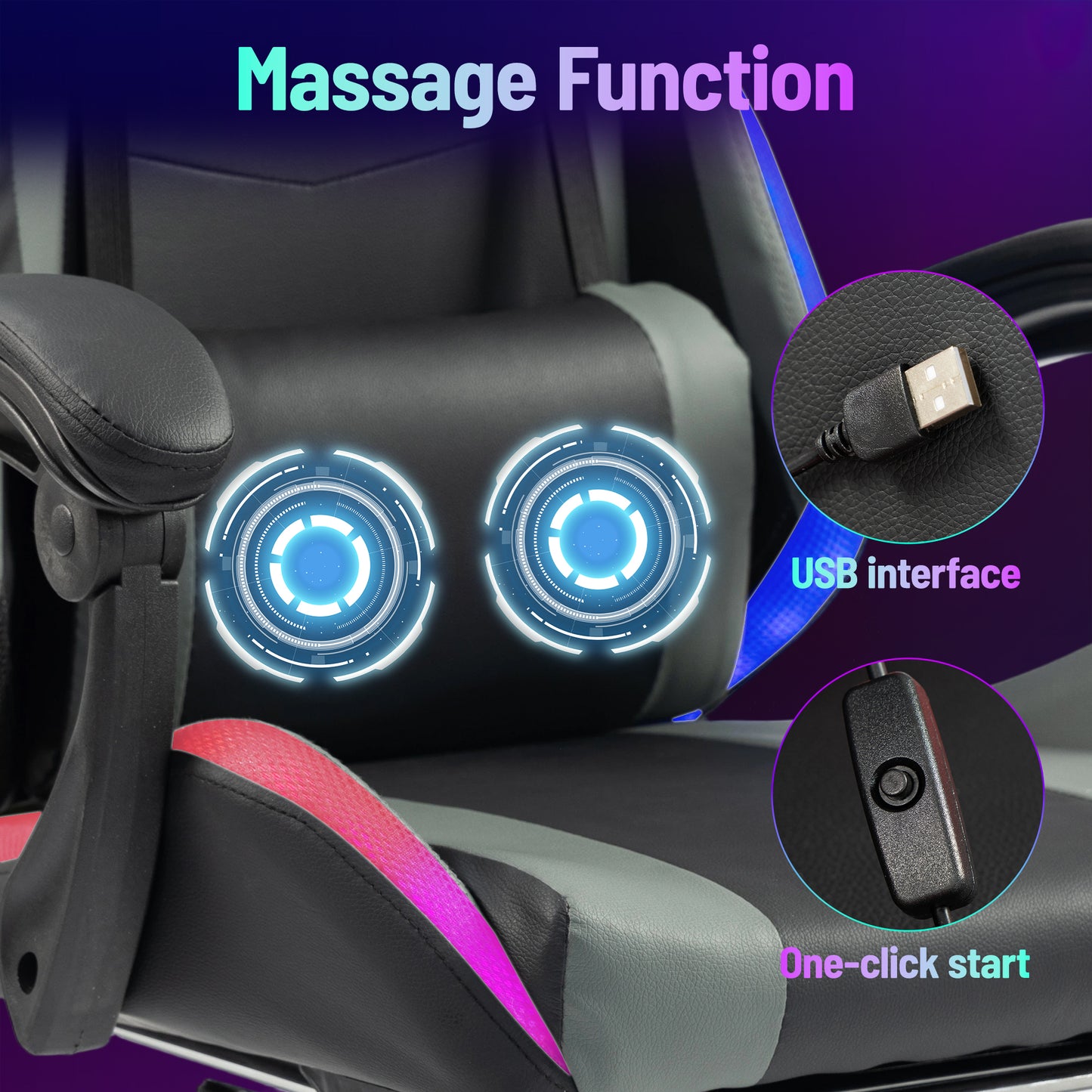 DELMANGO Gaming Chair,Racing Style RGB LED Lights Gaming Chair with Footrest and Massage Lumbar Support ,High Back Reclining Computer Chair for Adults and Kids Gray/Black