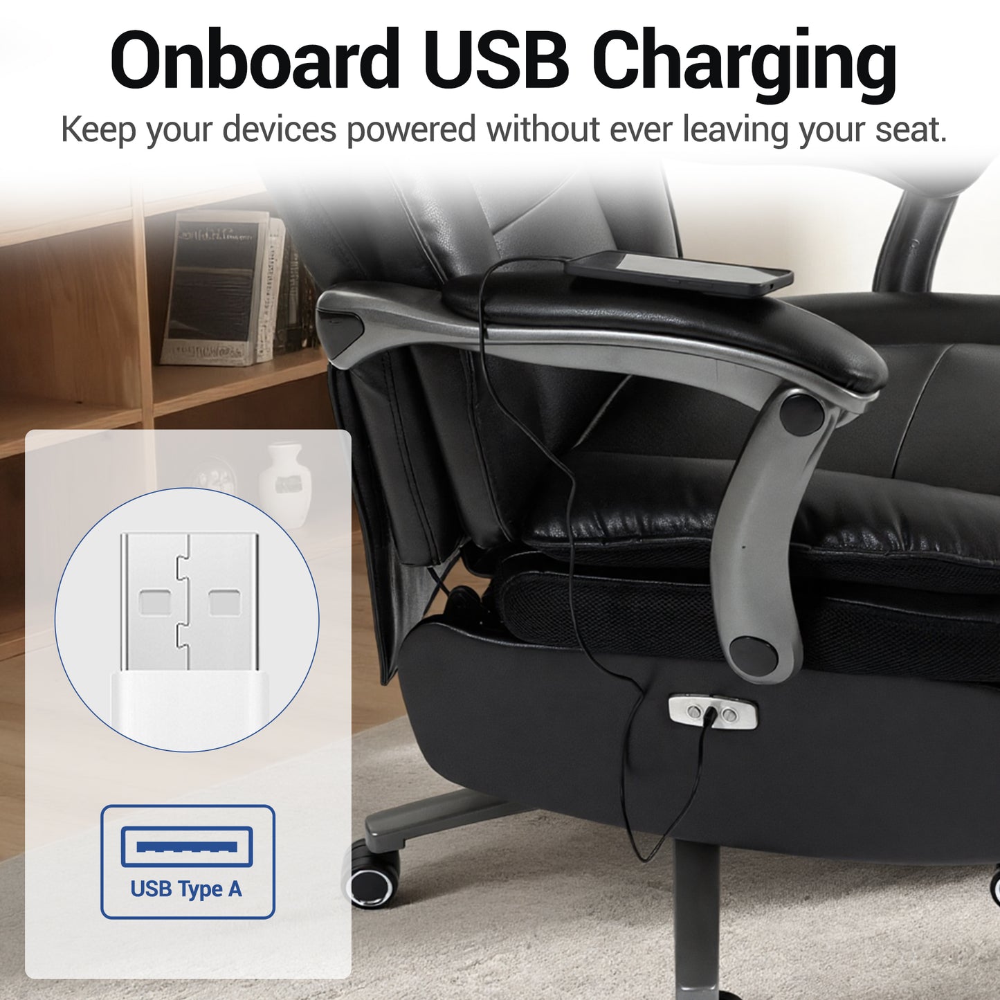 Delmango Executive Office Chair for Big & Tall, USB Charging Port, PU Leather High Back with Footrest, 420lbs Capacity, Electric Recline, Black