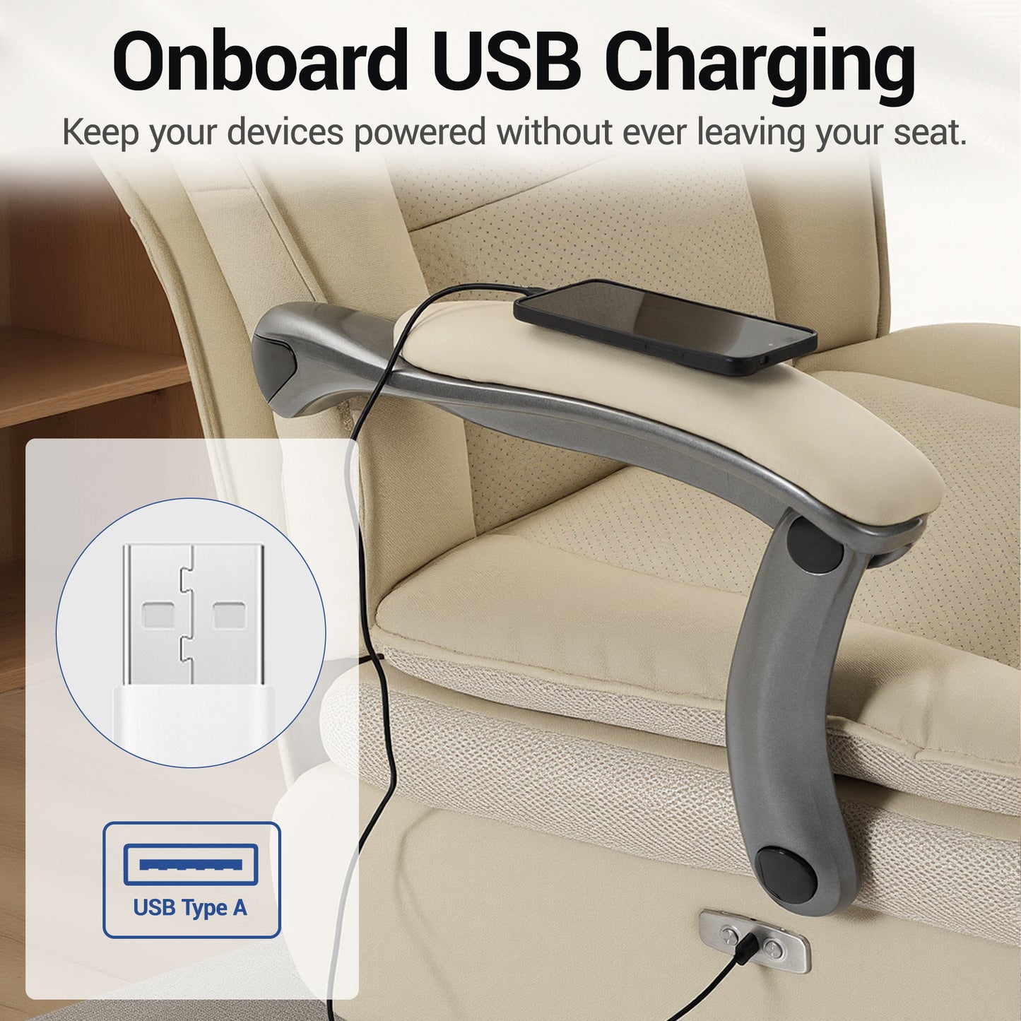 Delmango Executive Office Chair for Big & Tall, USB Charging Port, PU Leather High Back with Footrest, 420lbs Capacity, Electric Recline, Beige