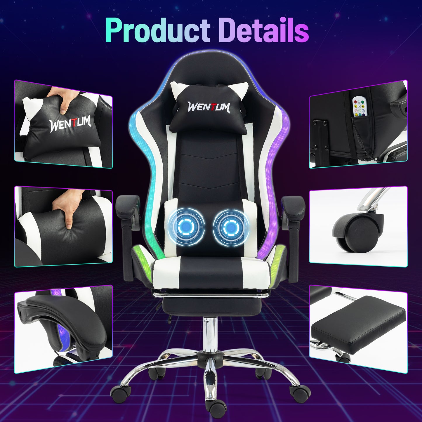 DELMANGO Gaming Chair,Racing Style RGB LED Lights Gaming Chair with Footrest and Massage Lumbar Support ,High Back Reclining Computer Chair for Adults and Kids White/Black