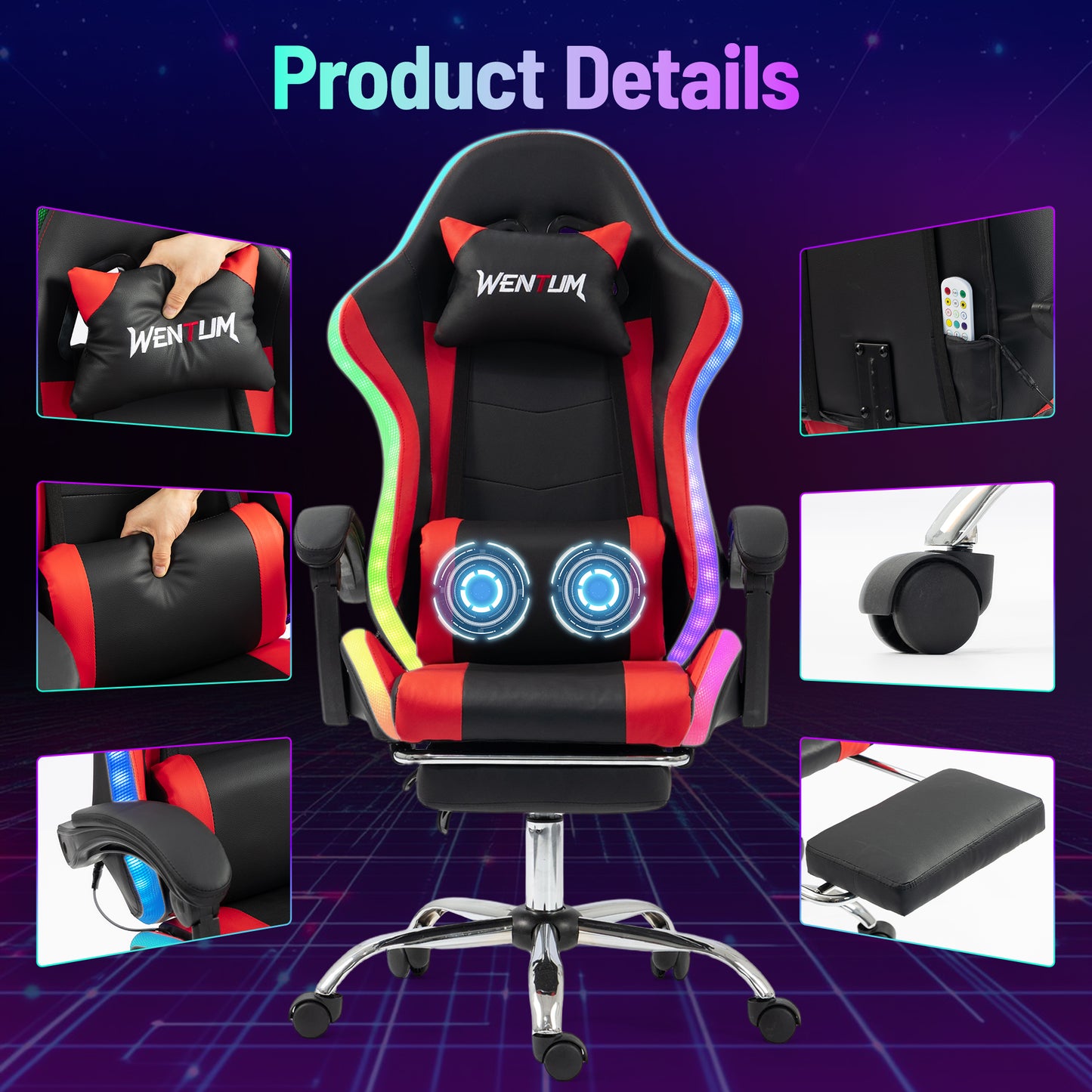 DELMANGO Gaming Chair,Racing Style RGB LED Lights Gaming Chair with Footrest and Massage Lumbar Support ,High Back Reclining Computer Chair for Adults and Kids Red/Black