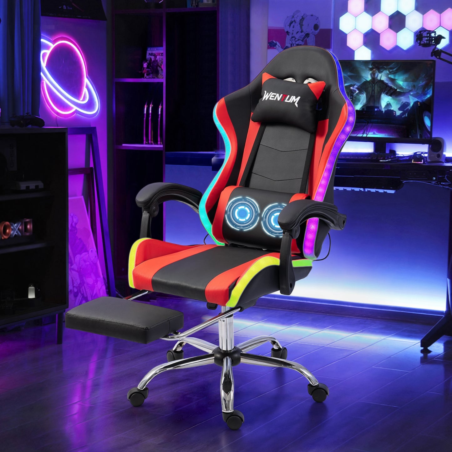 DELMANGO Gaming Chair,Racing Style RGB LED Lights Gaming Chair with Footrest and Massage Lumbar Support ,High Back Reclining Computer Chair for Adults and Kids Red/Black