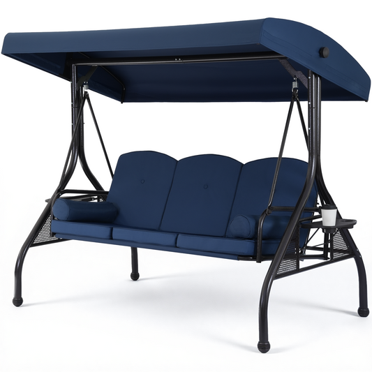 DELMANGO 3-Seat Outdoor Porch Swing with Adjustable Canopy, 2 in 1 Convertible Patio Swing Bed, Patio Glider Swing for Backyard, Blue