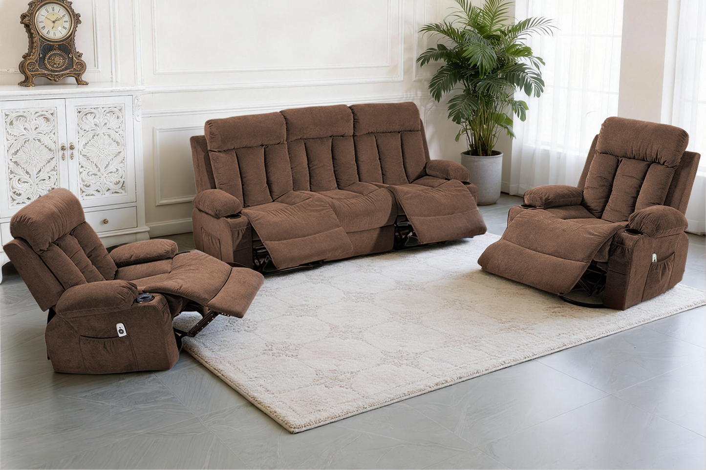 DELMANGO Manual Recliner Sofa Set (Brown, Sofa+Chair+Chair)