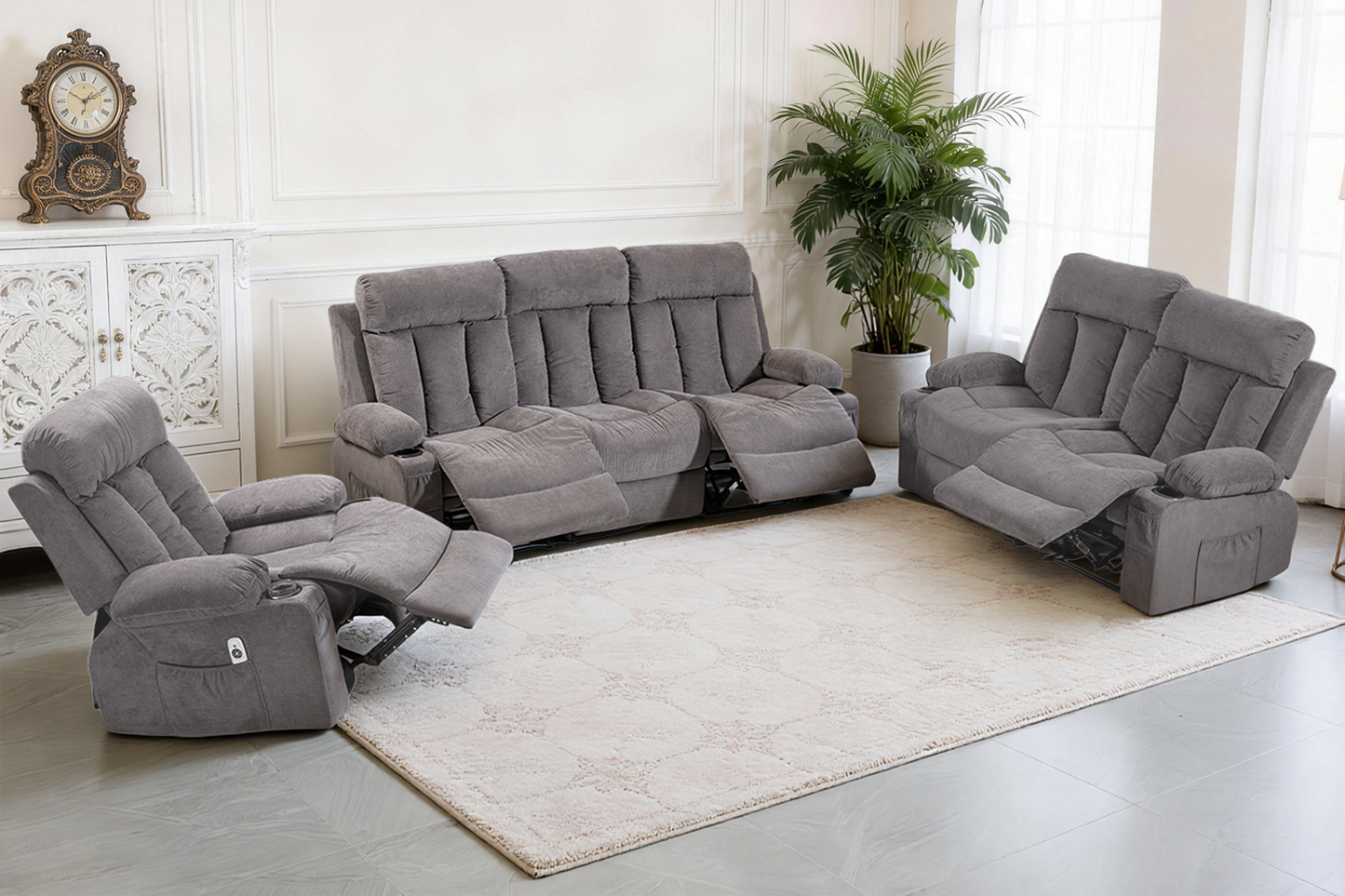 DELMANGO Manual Recliner Sofa Set for Home Theater, Office (Grey, Sofa+Loveseat+Chair)