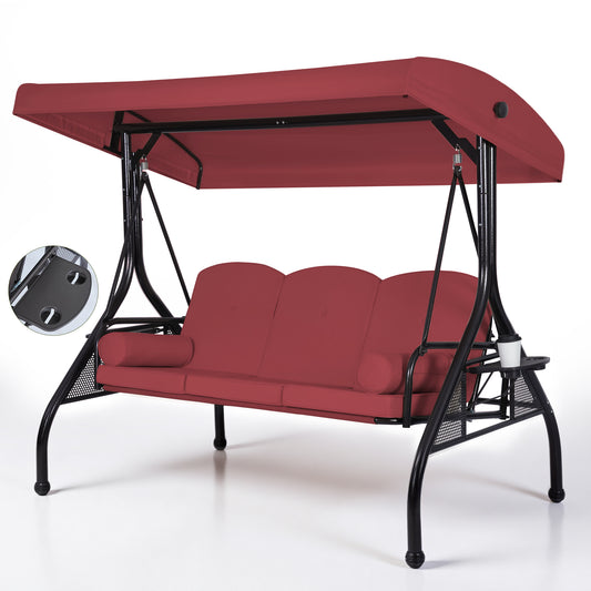 DELMANGO 3-Seat Outdoor Porch Swing with Adjustable Canopy, 2 in 1 Convertible Patio Swing Bed, Patio Glider Swing for Backyard, Red