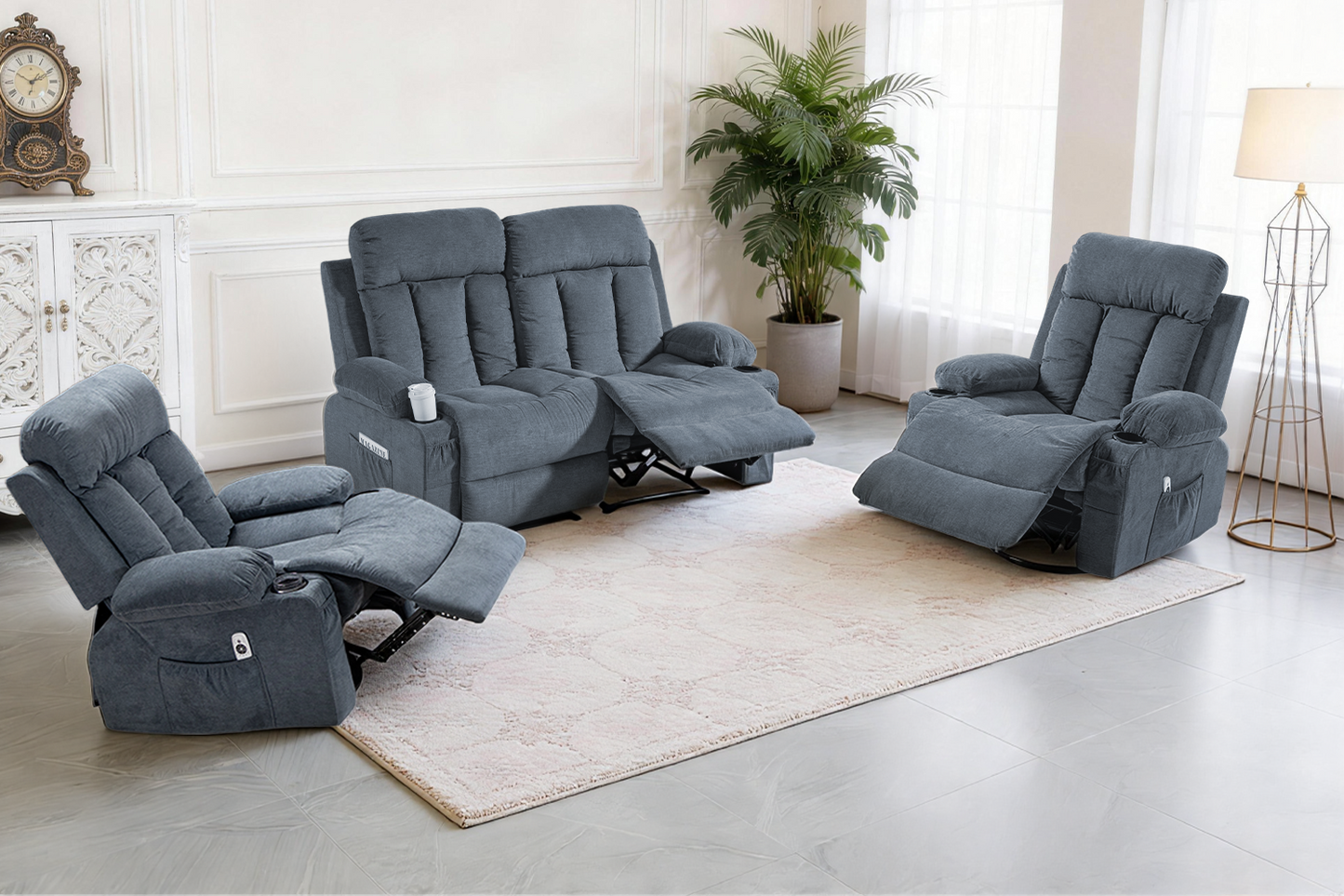 DELMANGO Manual Recliner Sofa Set for Home Theater, Office (Blue, Loveseat+Chair+Chair)