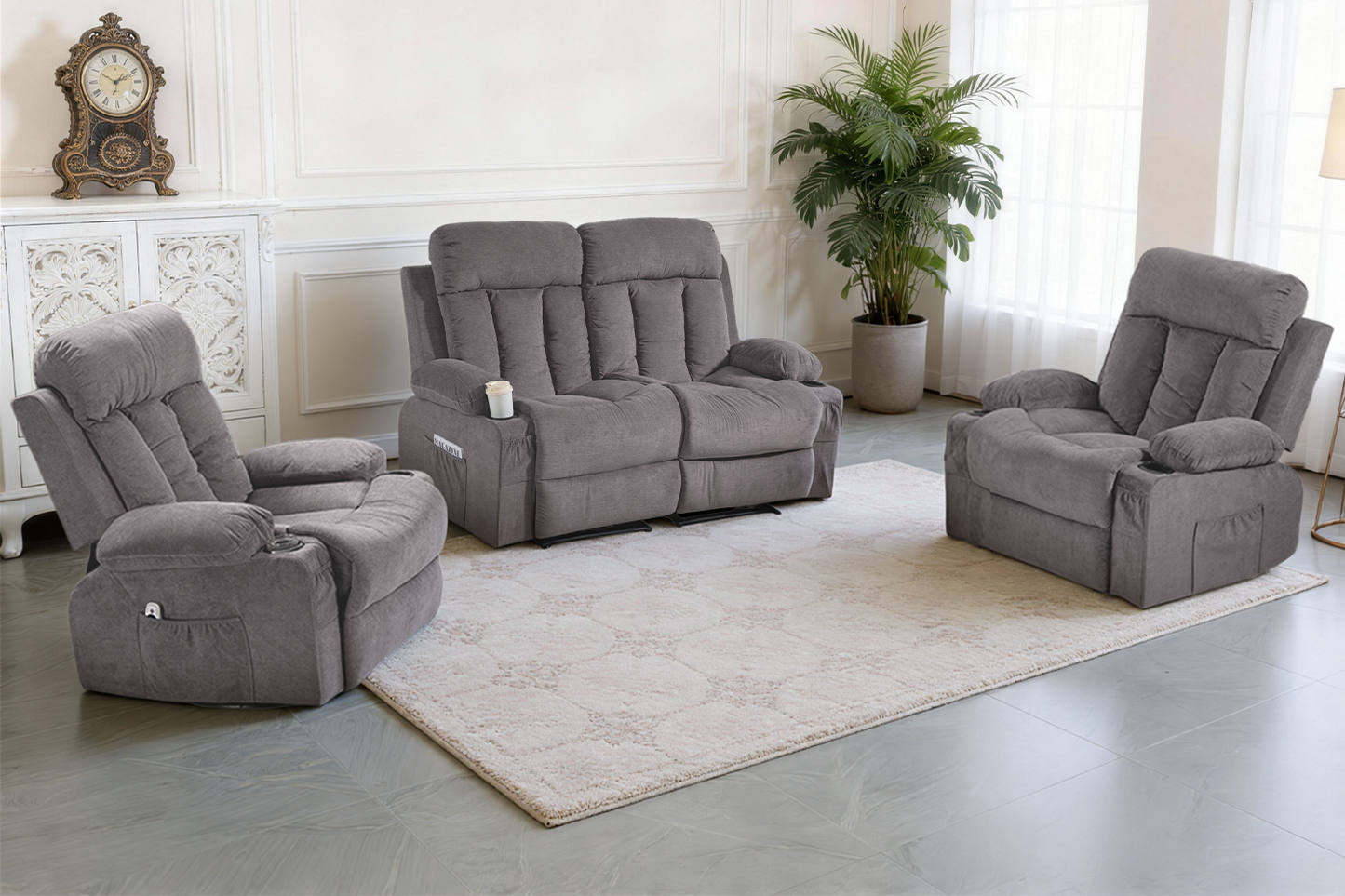 DELMANGO Manual Recliner Sofa Set for Home Theater, Office (Grey, Loveseat+Chair+Chair)