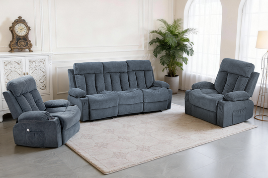DELMANGO Manual Recliner Sofa Set for Home Theater, Office (Blue, Sofa+Chair+Chair)