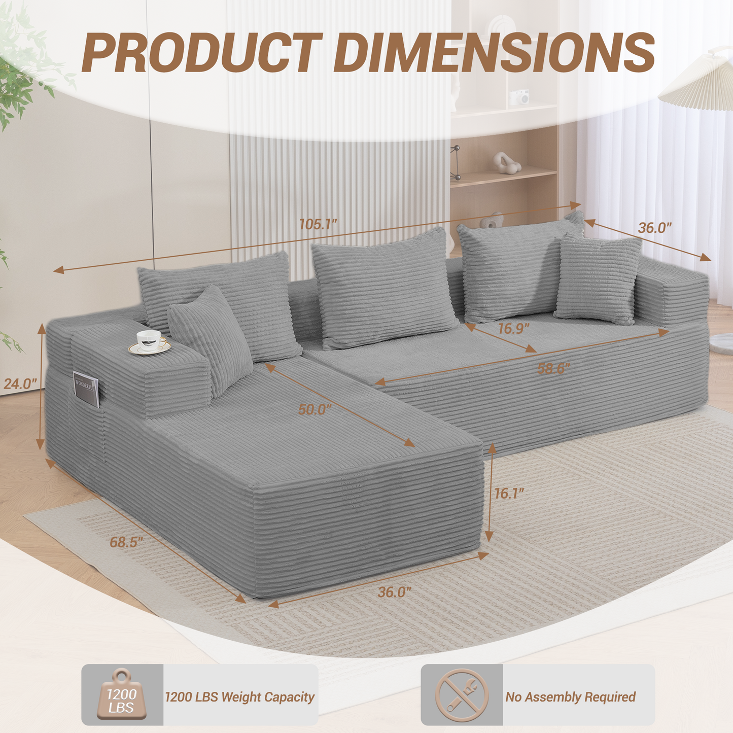 DELMANGO Modular Sectional Sofa with L-Shape Chaise, Corduroy Boneless Couch Set for Living Room, No Assembly Required, Grey