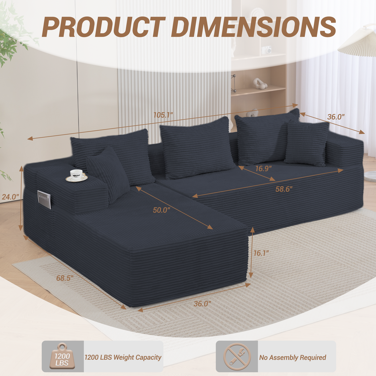 DELMANGO Modular Sectional Sofa with L-Shape Chaise, Corduroy Boneless Couch Set for Living Room, No Assembly Required, Black