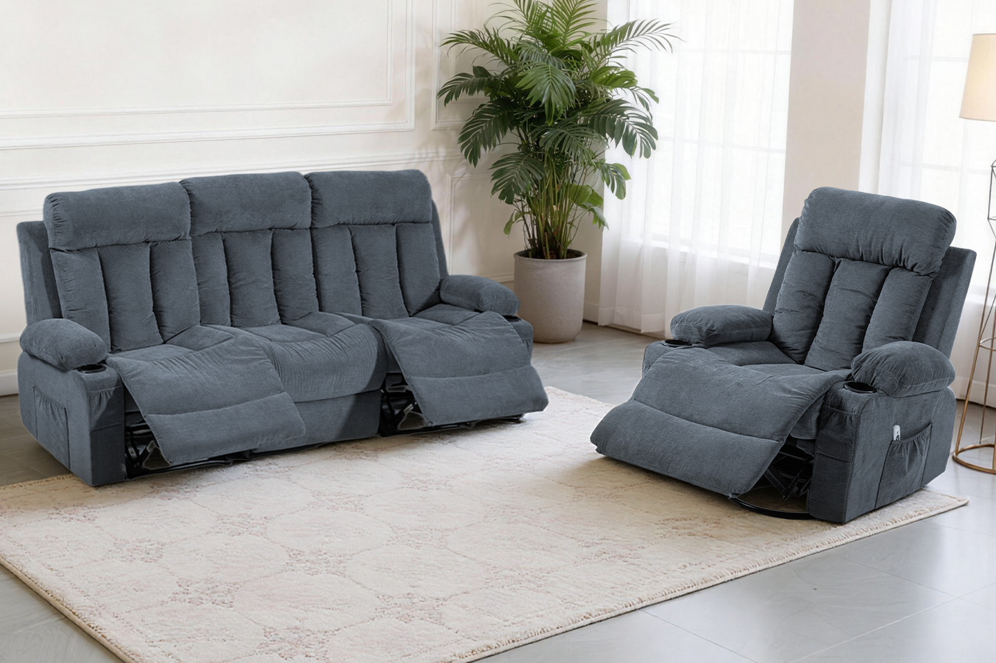 DELMANGO Manual Recliner Sofa Set for Home Theater, Office (Blue, Sofa+Chair)