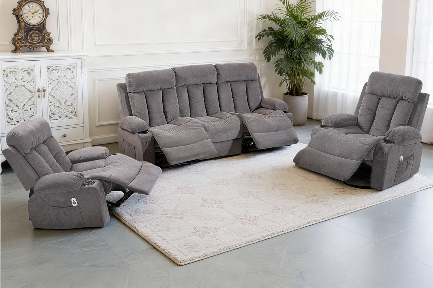 DELMANGO Manual Recliner Sofa Set for Home Theater, Office (Grey, Sofa+Chair+Chair)