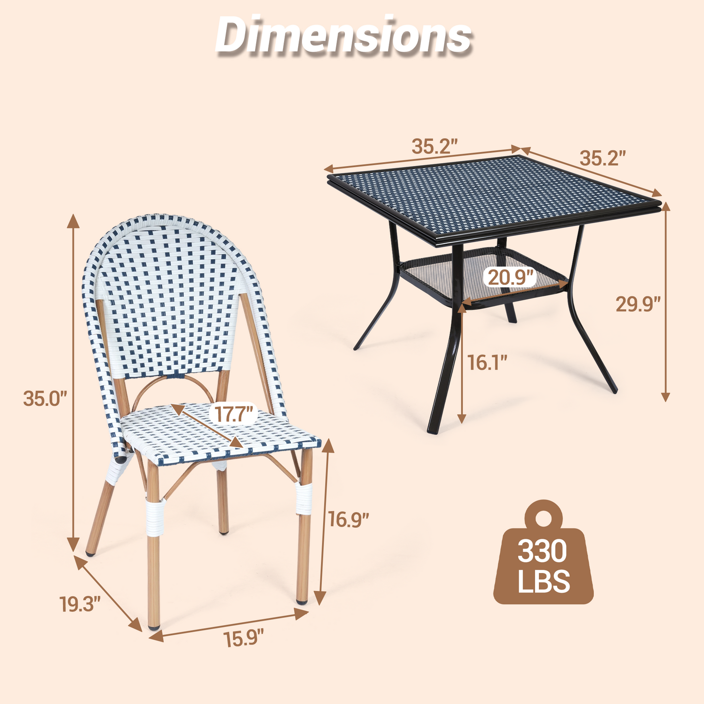 DELMANGO 5 Piece Bistro Table Chair Set, Outdoor Wicker Square Table and 4 Armless Dining Chairs for Garden Balcony Porch, Blue/White
