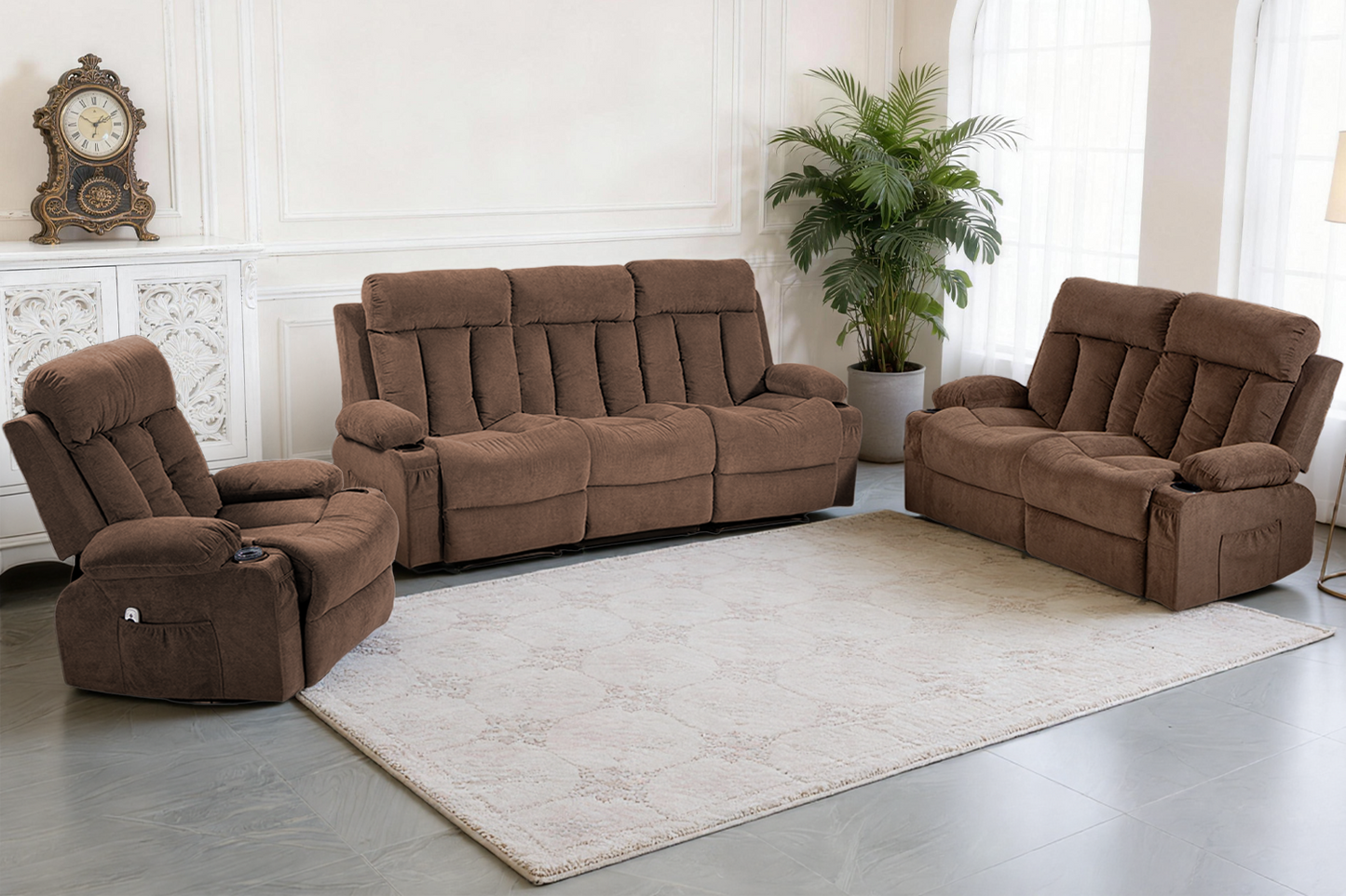 DELMANGO Manual Recliner Sofa Set for Home Theater, Office (Brown, Sofa+Loveseat+Chair)