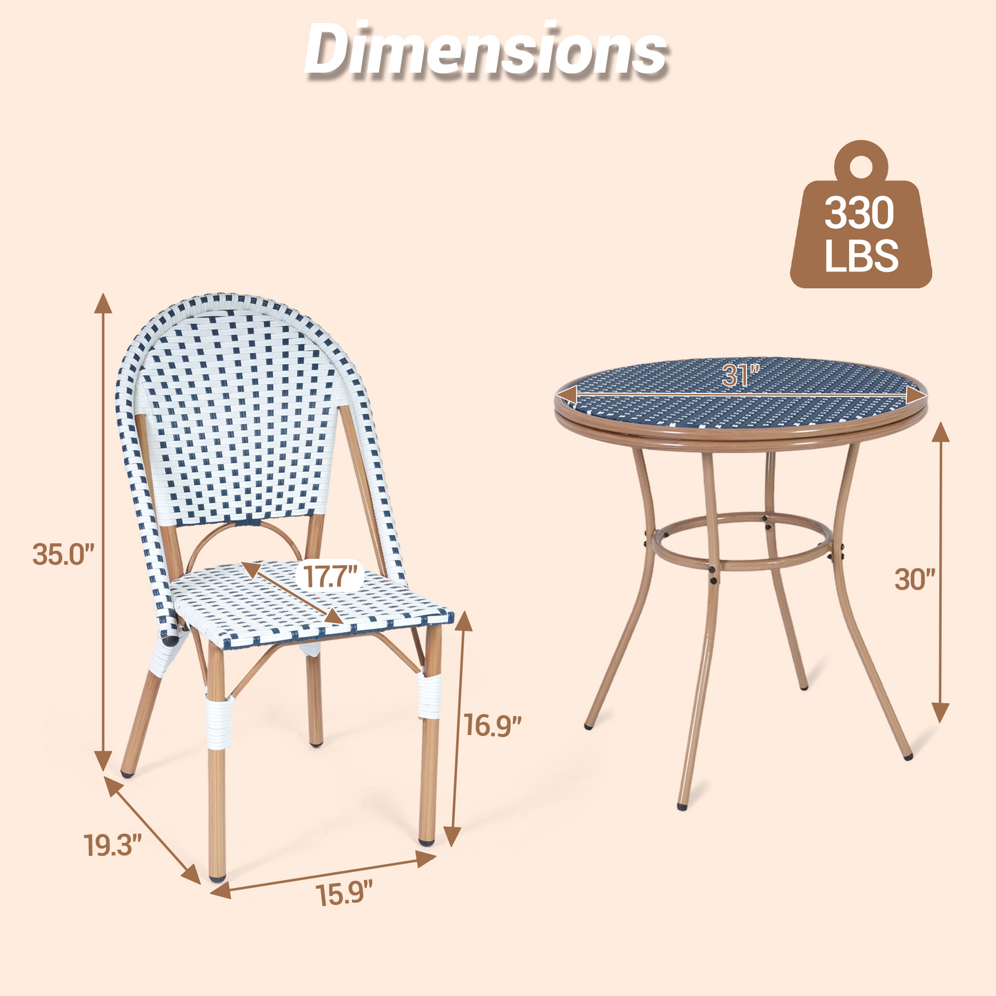 DELMANGO 3 Piece Bistro Table Chair Set, Outdoor Wicker Round Table and 2 Armless Dining Chairs for Garden Balcony Porch, Blue/White