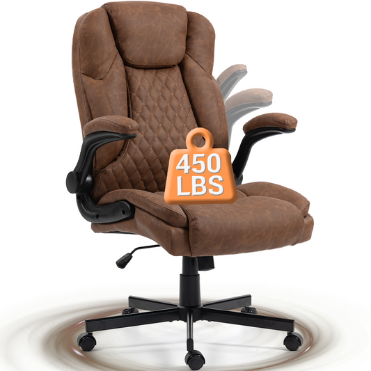 DELMANGO High-Back Executive Office Chair, Ergonomic Computer Desk Chair with Rocking Feature, PU Leather, Flip-Up Armrests and Lumbar Support, Brown