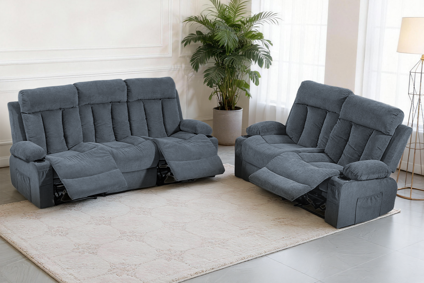 DELMANGO Manual Recliner Sofa Set for Home Theater, Office (Blue, Sofa+Loveseat)
