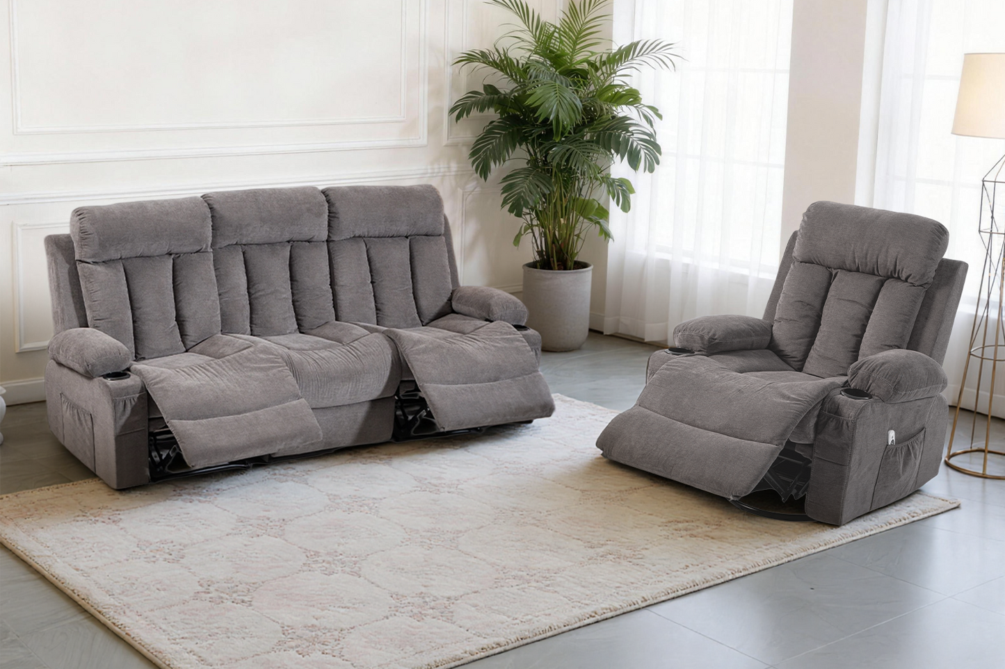 DELMANGO Manual Recliner Sofa Set for Home Theater, Office (Grey, Sofa+Chair)