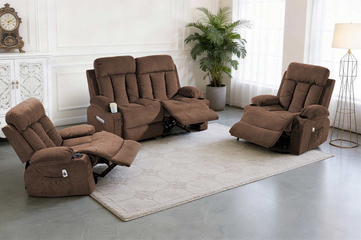 DELMANGO Manual Recliner Sofa Set for Home Theater, Office (Brown, Loveseat+Chair+Chair)