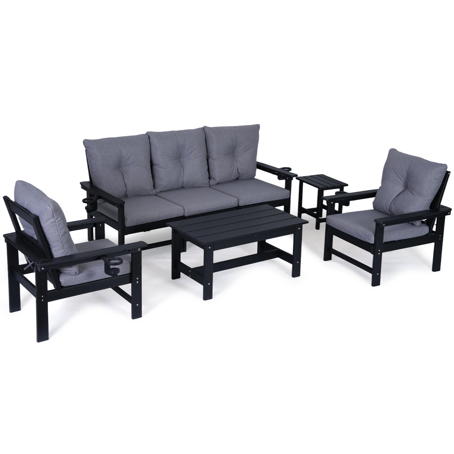 DELMANGO Patio Furniture Sets,7 Pieces Outdoor Conversation Set with Removable Washable Cushion,Wood Tepoy and Table Black