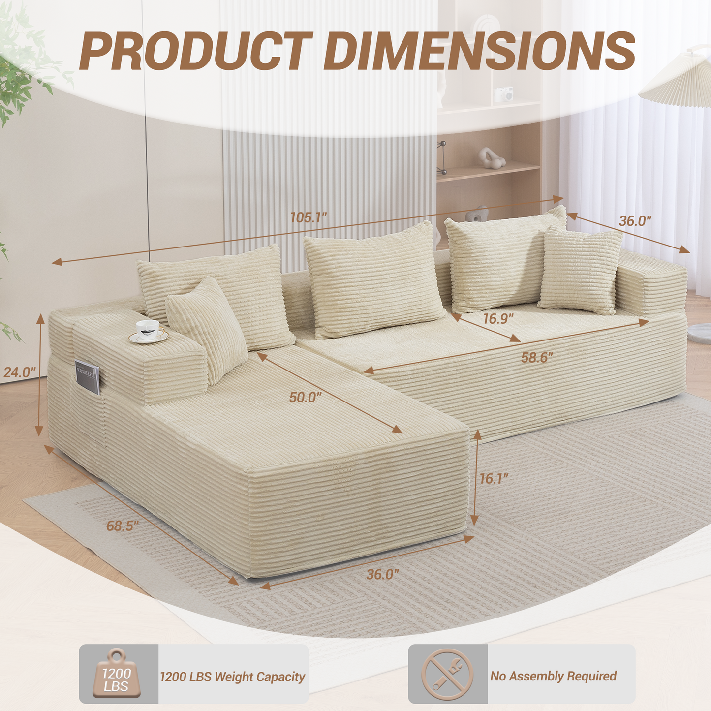 DELMANGO Modular Sectional Sofa with L-Shape Chaise, Corduroy Boneless Couch Set for Living Room, No Assembly Required, Beige