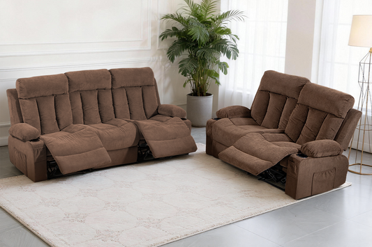 DELMANGO Manual Recliner Sofa Set for Home Theater, Office (Brown, Sofa+Loveseat)