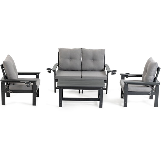 DELMANGO Patio Furniture Sets,7 Pieces Outdoor Conversation Set with Removable Washable Cushion,Wood Tepoy and Table Gray