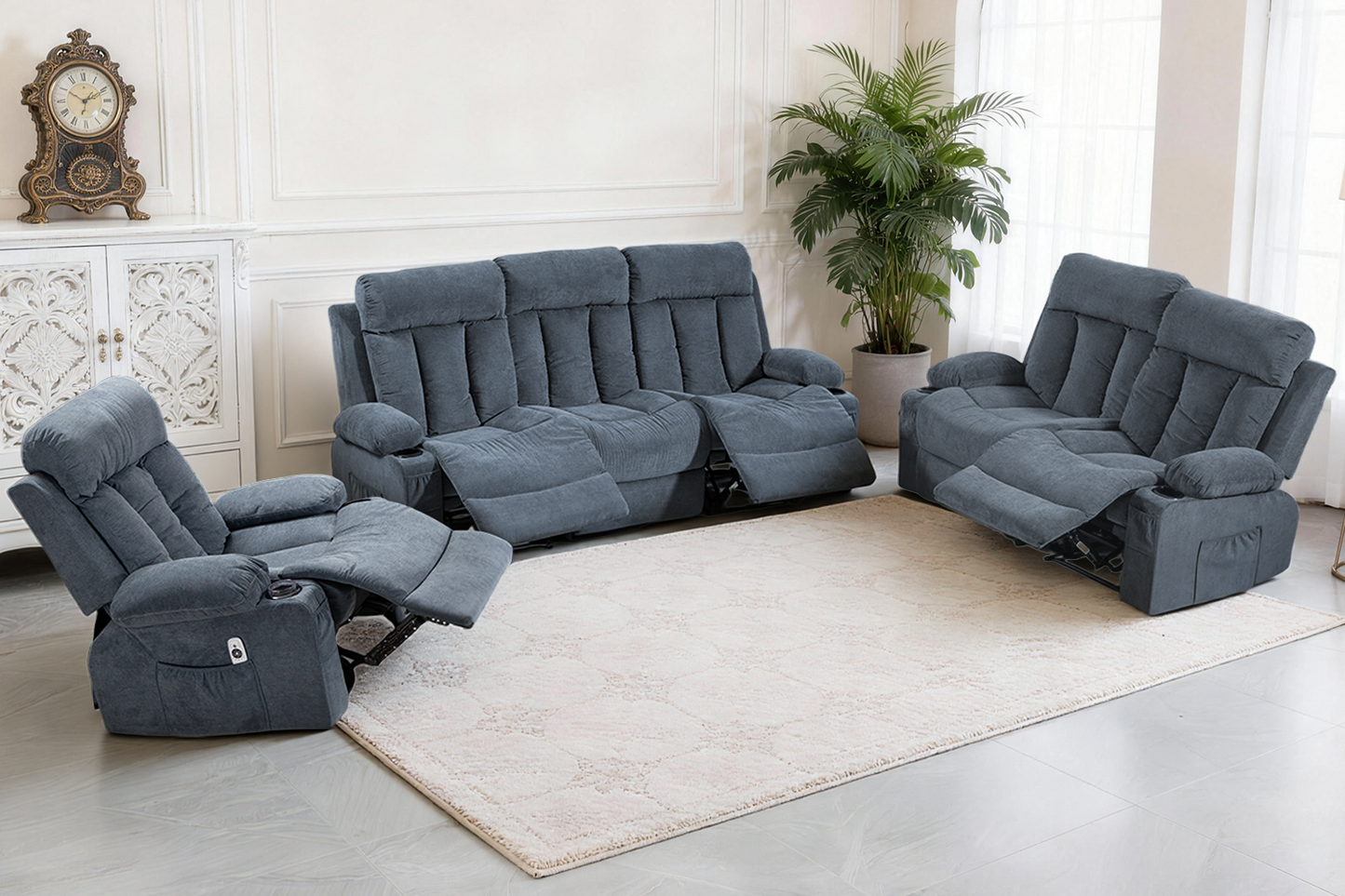 DELMANGO Manual Recliner Sofa Set for Home Theater, Office (Blue, Sofa+Loveseat+Chair)