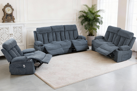 DELMANGO Manual Recliner Sofa Set for Home Theater, Office (Blue, Sofa+Loveseat+Chair)