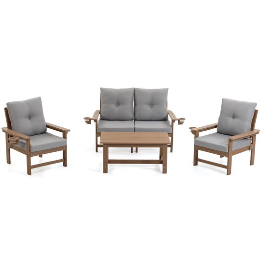 DELMANGO Patio Furniture Sets,7 Pieces Outdoor Conversation Set with Removable Washable Cushion,Wood Tepoy and Table Brown