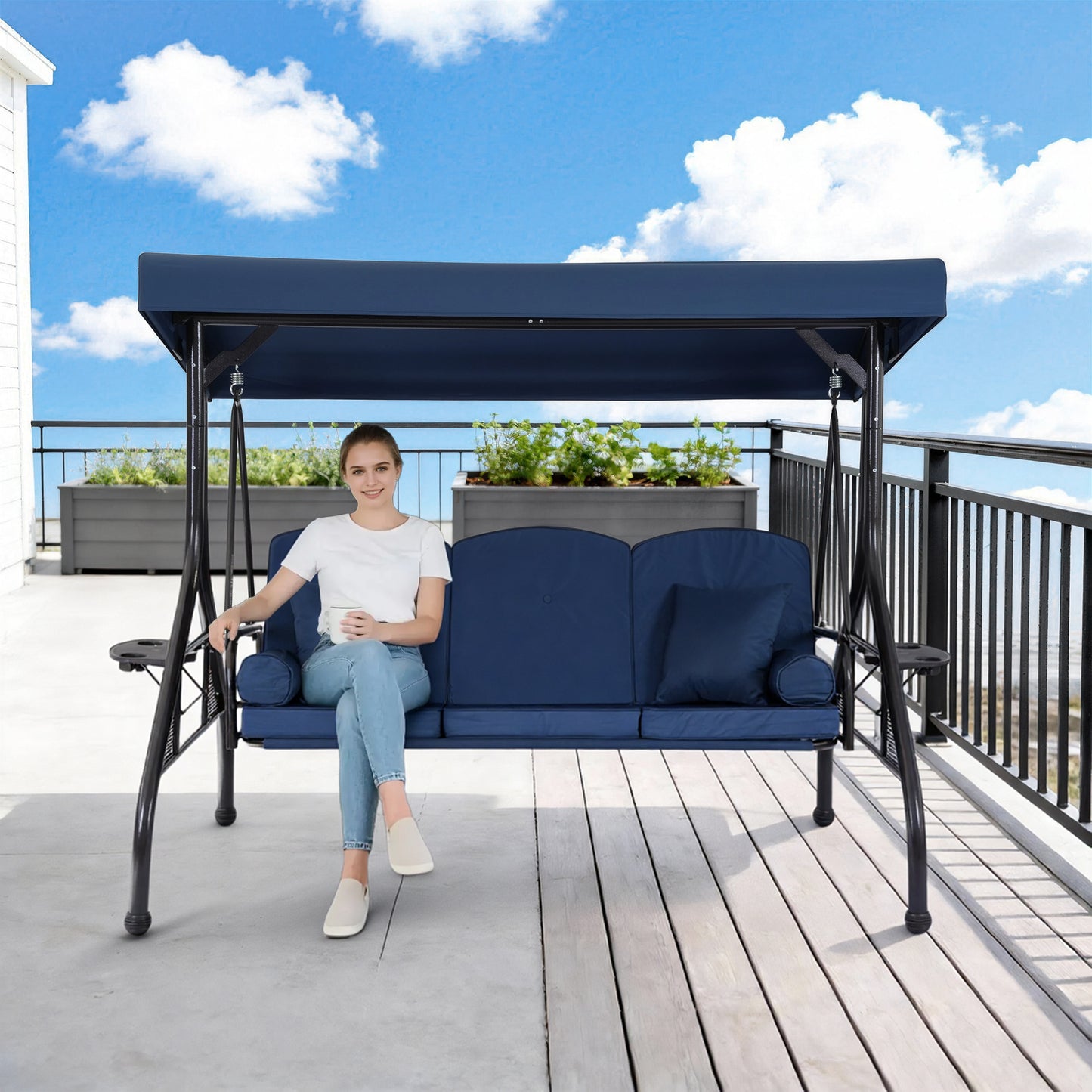 DELMANGO 3-Seat Outdoor Porch Swing with Adjustable Canopy, 2 in 1 Convertible Patio Swing Bed, Patio Glider Swing for Backyard, Blue