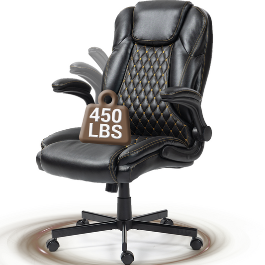 DELMANGO High-Back Executive Office Chair, Ergonomic Computer Desk Chair with Rocking Feature, PU Leather, Flip-Up Armrests and Lumbar Support, Black