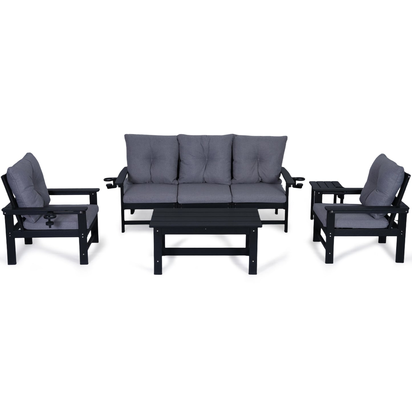 DELMANGO Patio Furniture Sets,7 Pieces Outdoor Conversation Set with Removable Washable Cushion,Wood Tepoy and Table Black