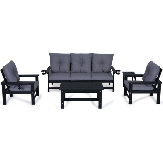 DELMANGO Patio Furniture Sets,7 Pieces Outdoor Conversation Set with Removable Washable Cushion,Wood Tepoy and Table Black