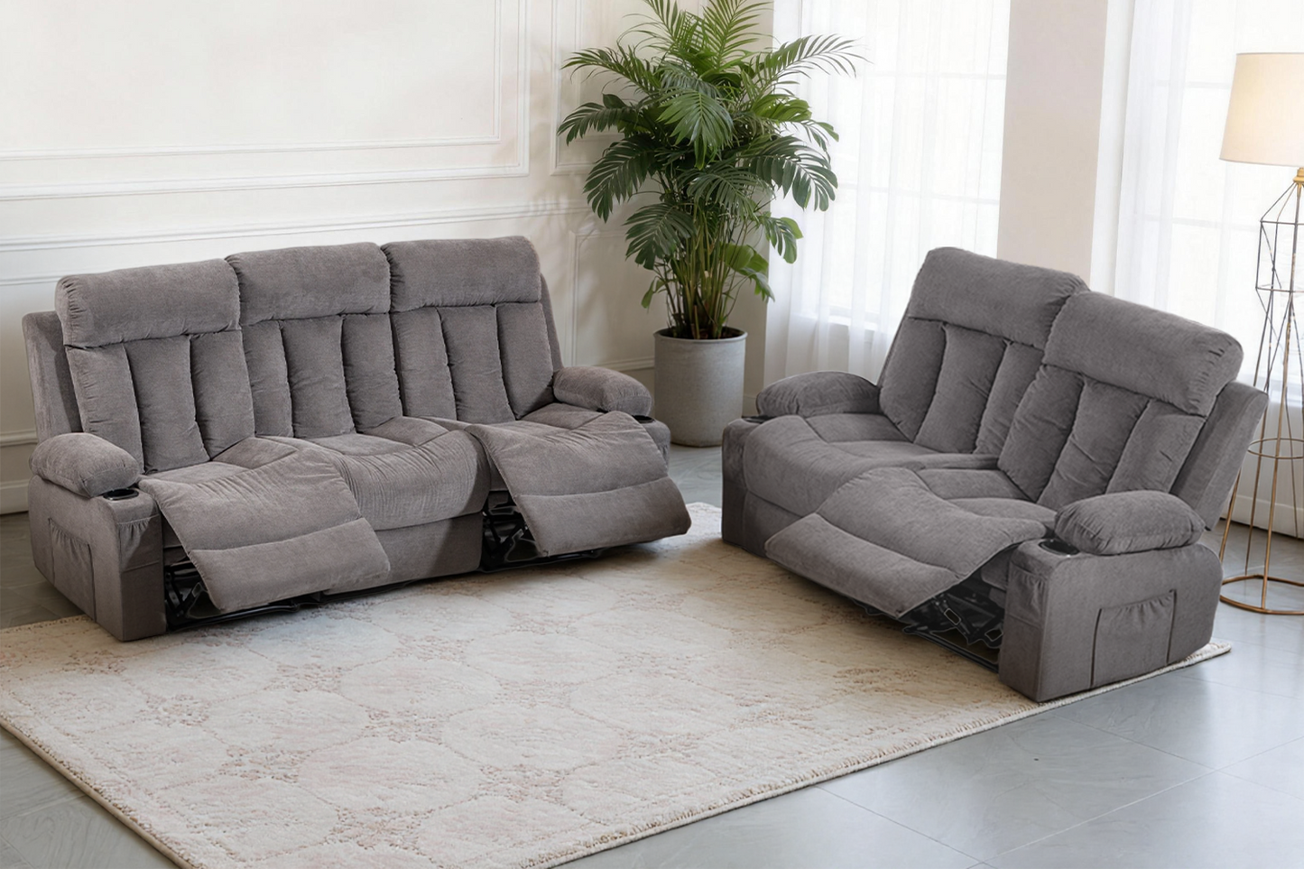 DELMANGO Manual Recliner Sofa Set for Home Theater, Office (Grey, Sofa+Loveseat)