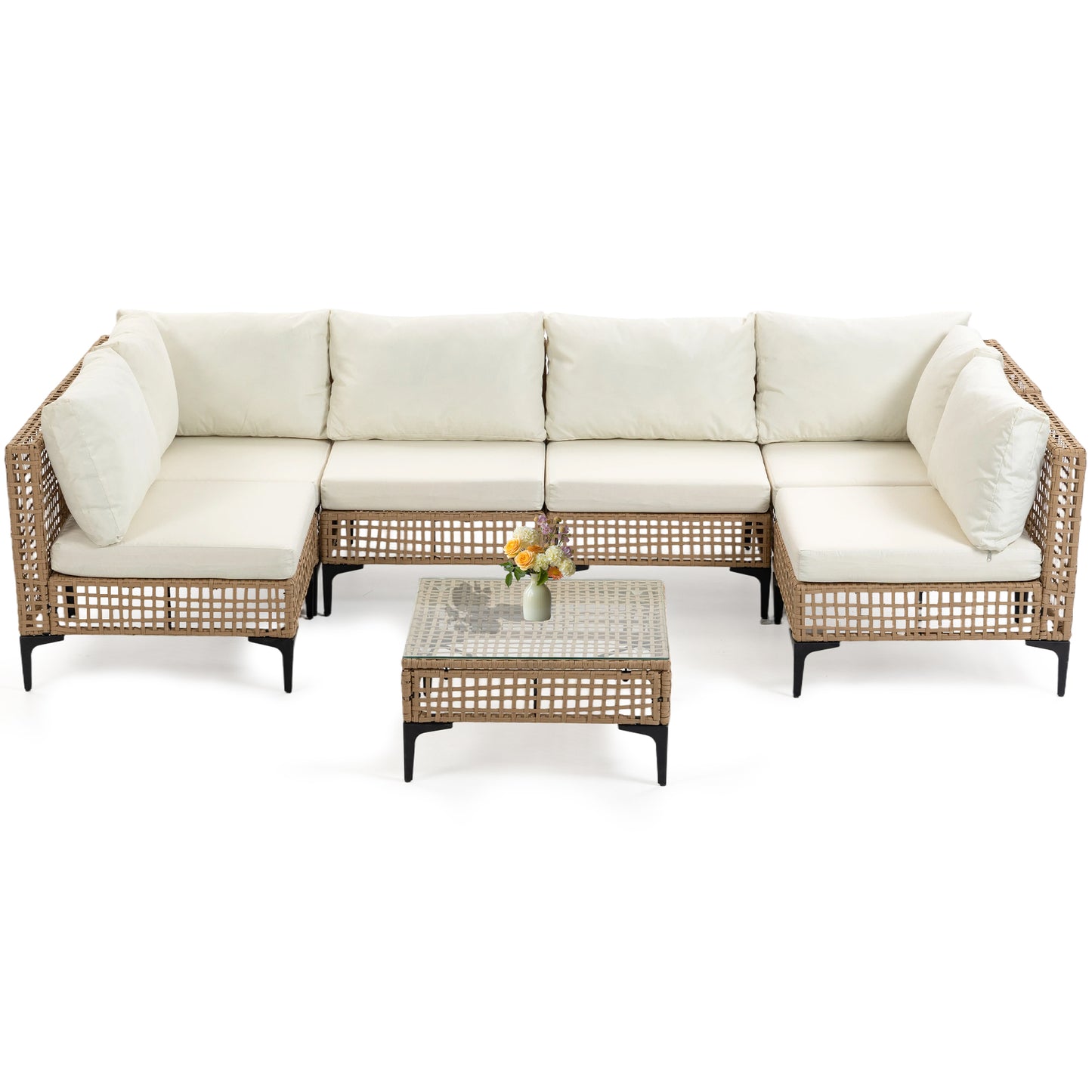 Delmango 7 Pieces Patio Furniture Set Boho Wicker Rattan Outdoor Sectional Sofa Set with Cushions & Table for Lawn, Backyard, Porch, Backyard, Porch, Beige