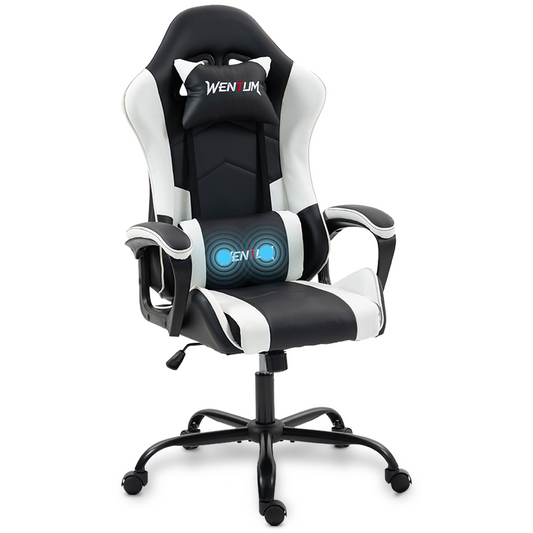 DELMANGO Ergonomic Gaming Chair, Racing Style Office Computer Desk Chair, Swivel PU Leather PC Gamer Chair, White