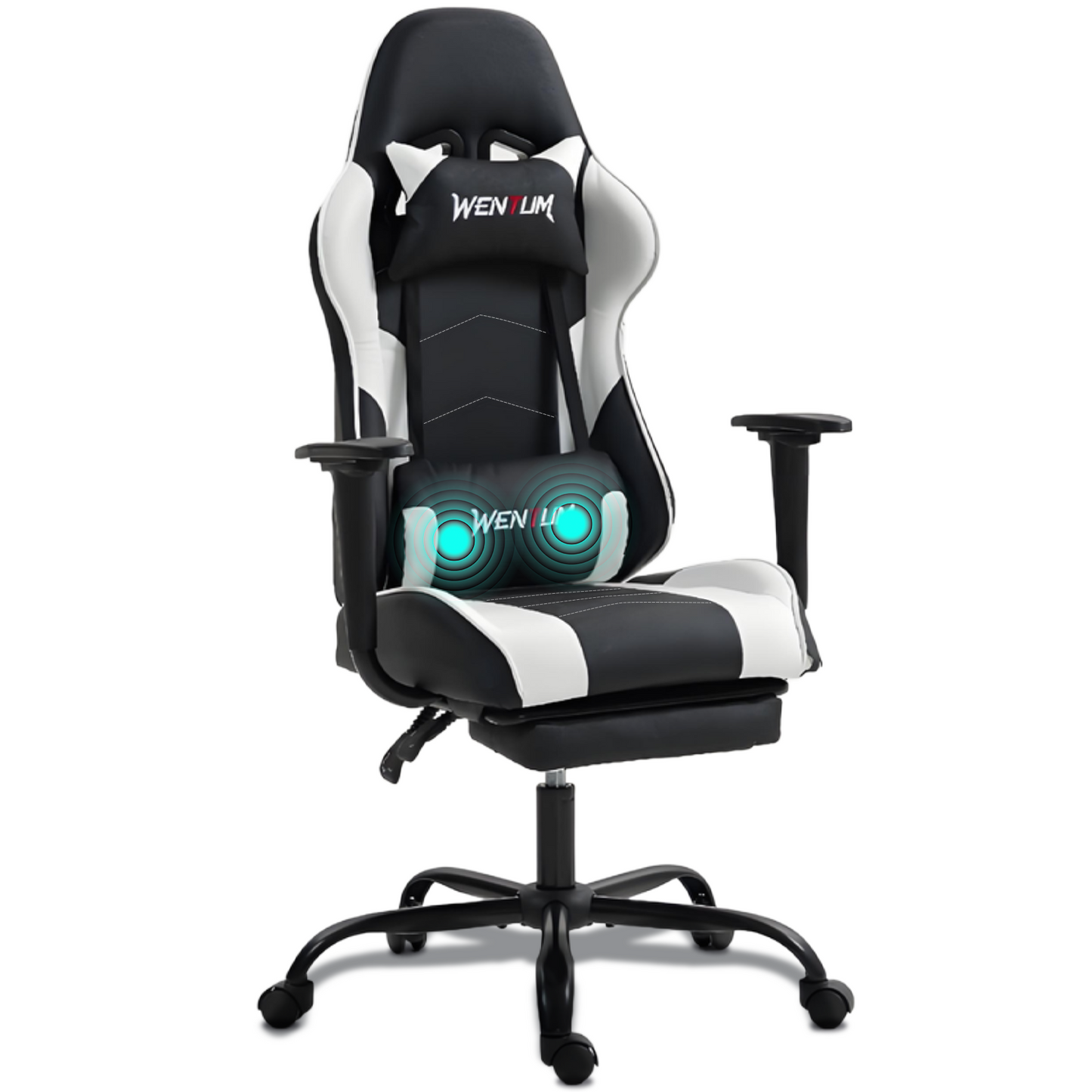DELMANGO Massage Gaming Chair with Recline and Footrest, Racing Style PU Leather Office Desk Chair with Head Pillow for Adults, White
