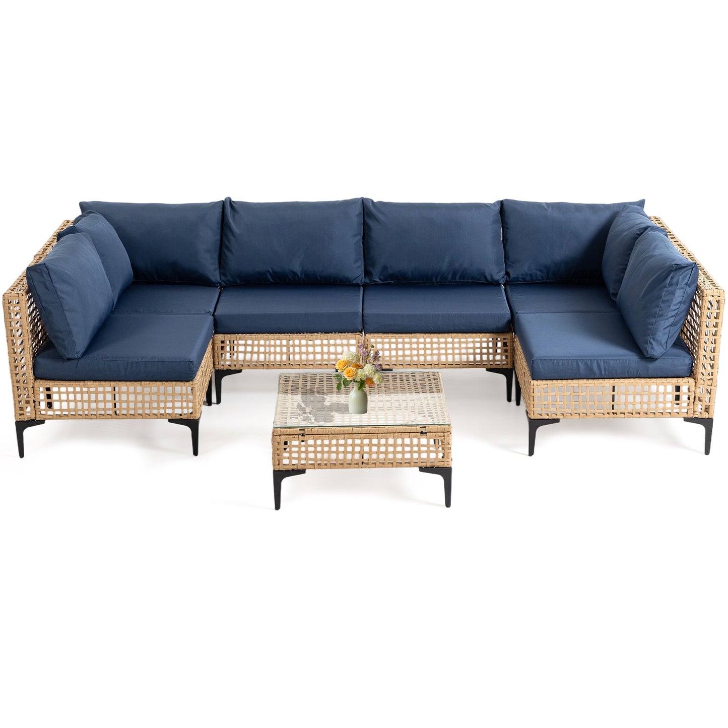 Delmango 7 Pieces Patio Furniture Set Boho Wicker Rattan Outdoor Sectional Sofa Set with Cushions & Table for Lawn, Backyard, Porch, Backyard, Porch, Blue