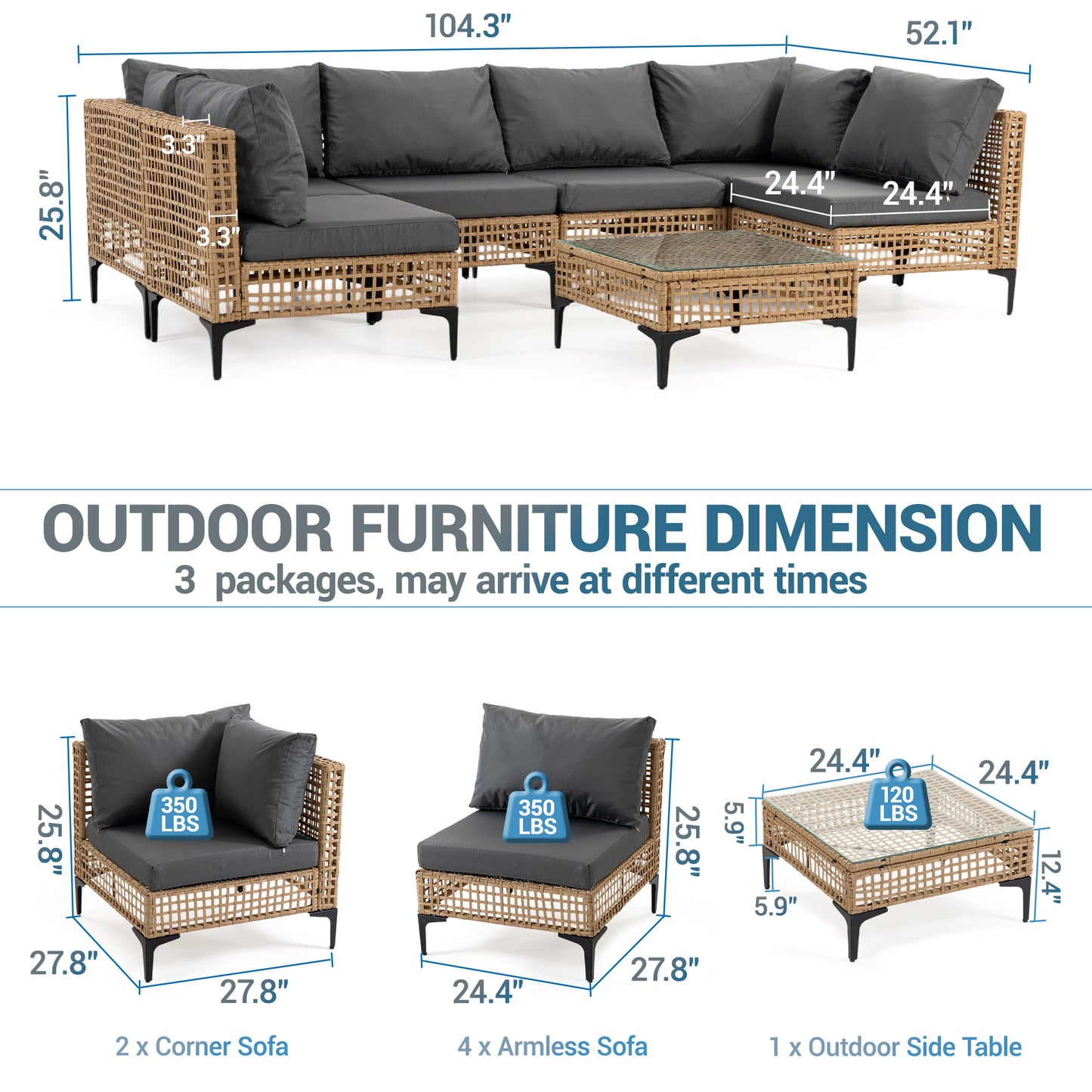 Delmango 7 Pieces Patio Furniture Set Boho Wicker Rattan Outdoor Sectional Sofa Set with Cushions & Table for Lawn, Backyard, Porch, Backyard, Porch, Gray