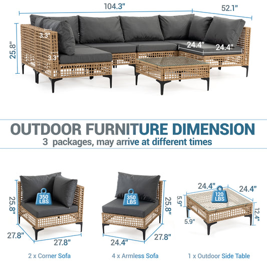 Delmango 7 Pieces Patio Furniture Set Boho Wicker Rattan Outdoor Sectional Sofa Set with Cushions & Table for Lawn, Backyard, Porch, Backyard, Porch, Gray