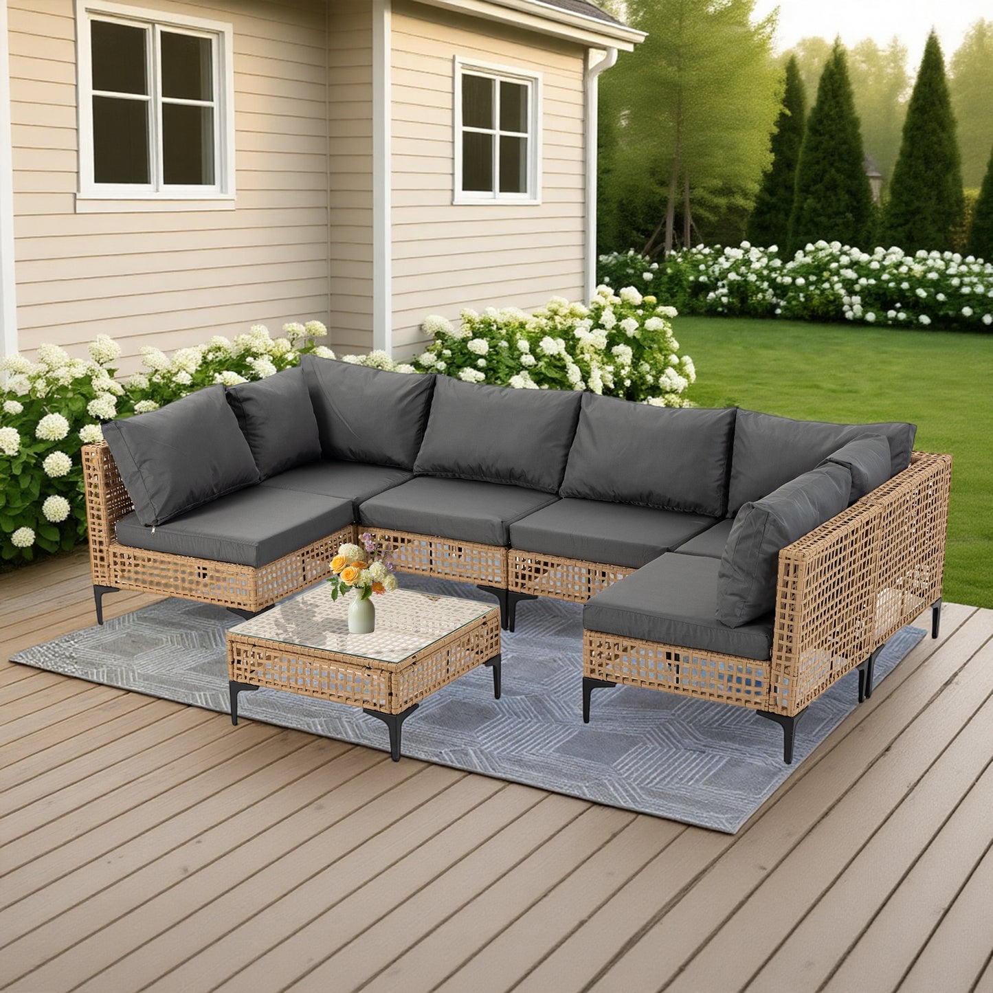 Delmango 7 Pieces Patio Furniture Set Boho Wicker Rattan Outdoor Sectional Sofa Set with Cushions & Table for Lawn, Backyard, Porch, Backyard, Porch, Gray