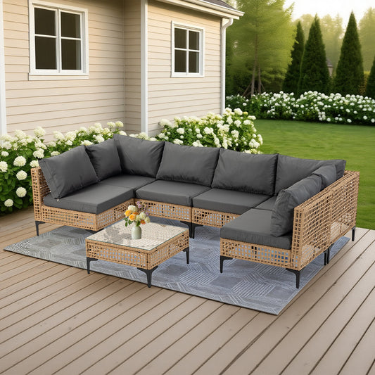 Delmango 7 Pieces Patio Furniture Set Boho Wicker Rattan Outdoor Sectional Sofa Set with Cushions & Table for Lawn, Backyard, Porch, Backyard, Porch, Gray
