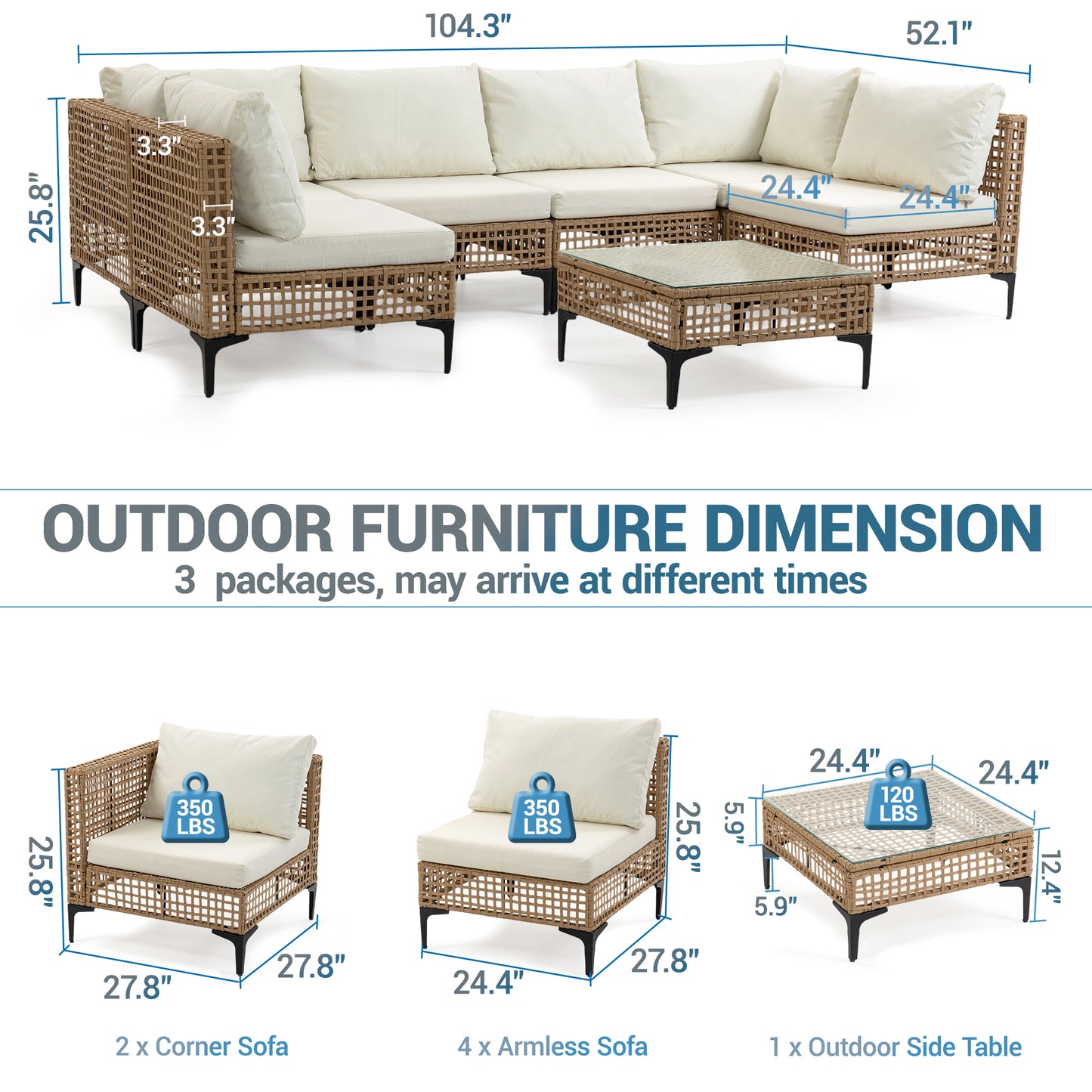 Delmango 7 Pieces Patio Furniture Set Boho Wicker Rattan Outdoor Sectional Sofa Set with Cushions & Table for Lawn, Backyard, Porch, Backyard, Porch, Beige