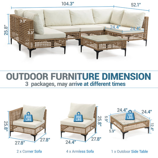 Delmango 7 Pieces Patio Furniture Set Boho Wicker Rattan Outdoor Sectional Sofa Set with Cushions & Table for Lawn, Backyard, Porch, Backyard, Porch, Beige