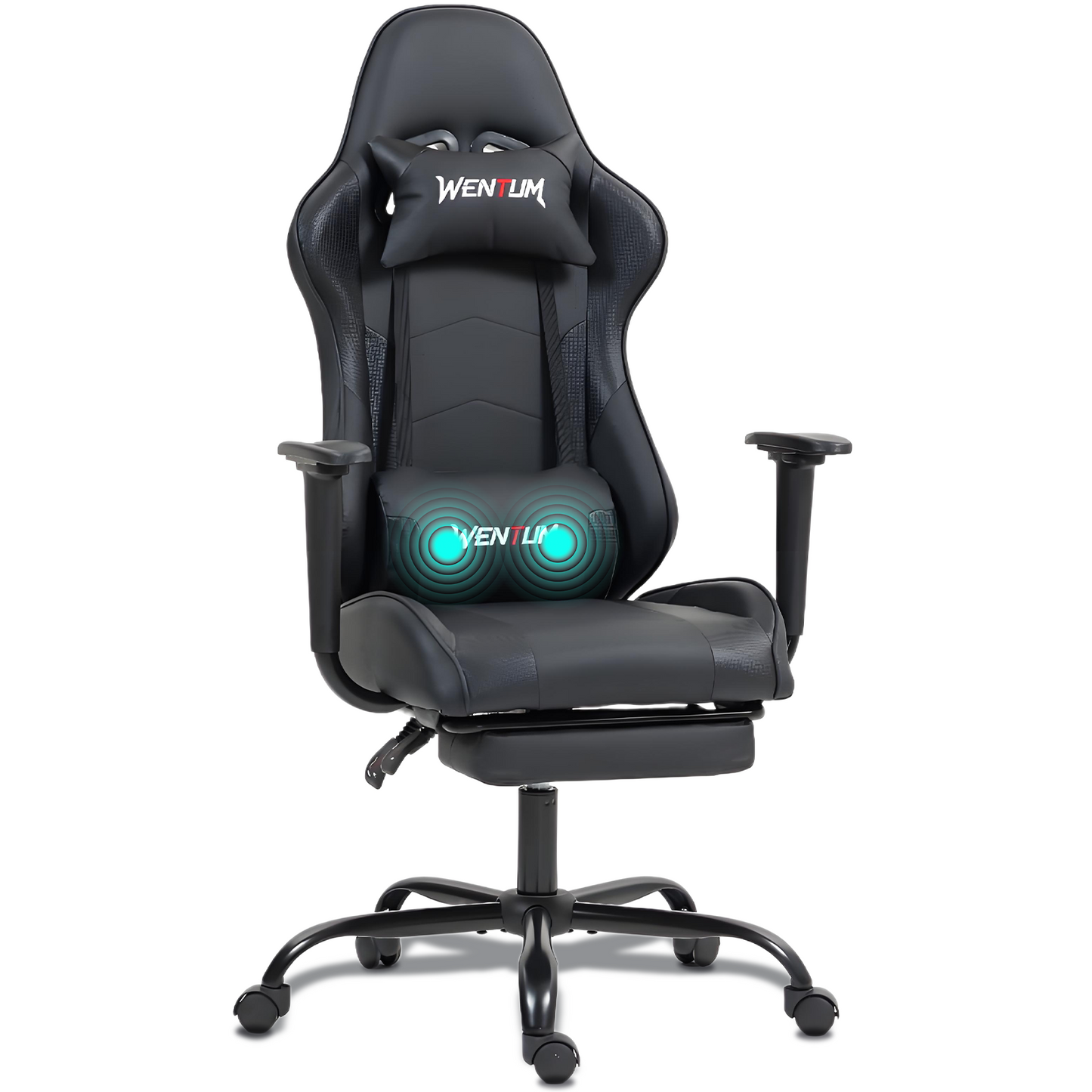 DELMANGO Massage Gaming Chair with Recline and Footrest, Racing Style PU Leather Office Desk Chair with Head Pillow for Adults, Black