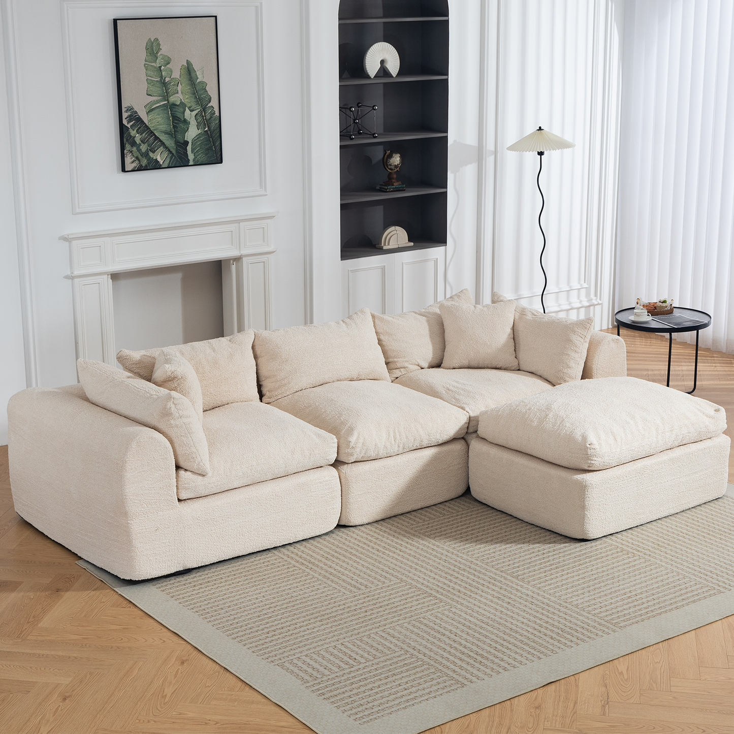 DELMANGO 113 Inch Modular L-Shape Cloud Velvet Sectional Couch, Boneless Convertible Sofa Set with Ottoman, No Assembly, Beige