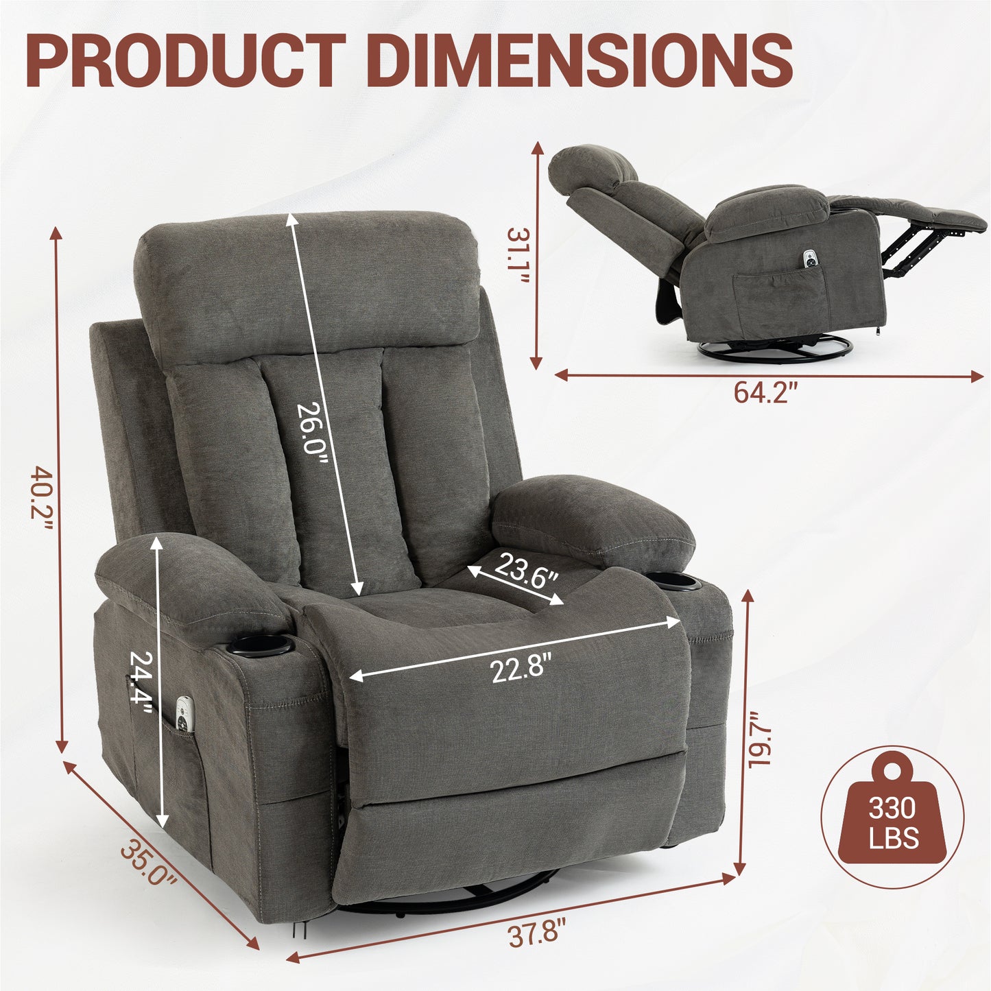 DELMANGO Swivel Rocker Recliner Chair with Vibration Massage & Heat, 360 Degree Rotating Lounge Chair for Adults, Ergonomic Rocking Chair with Side Pocket & Cup Holders, Grey