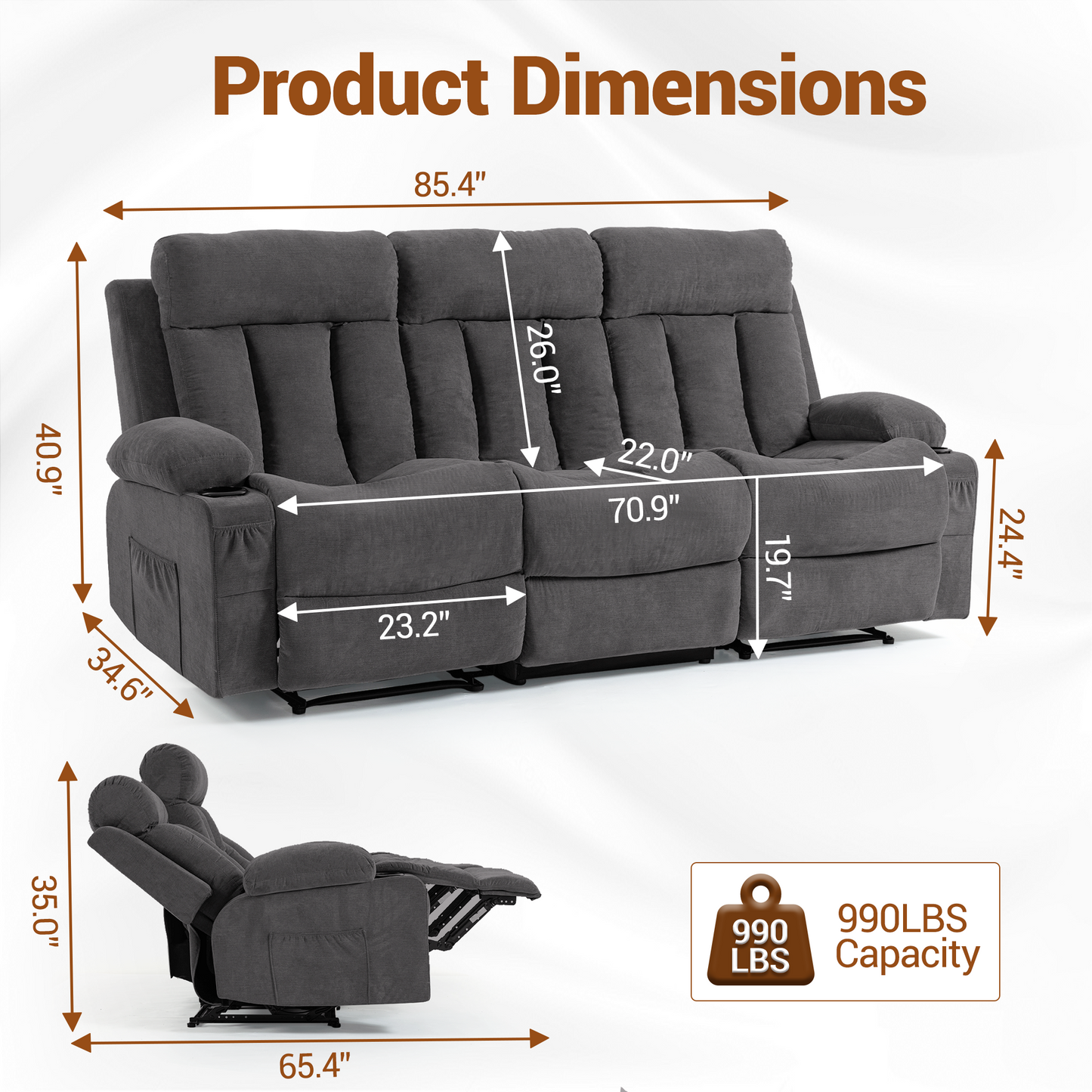 DELMANGO 3-Seater Recliner Sofa Set, Manual Triple Reclining Sofa Couch, 3 Seat Recliner Chair for Living Room, Home Theater & Small Spaces, Grey